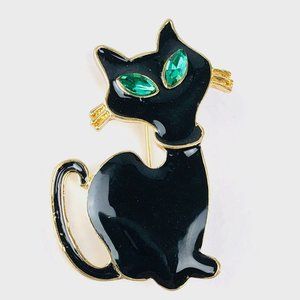 Brooch Sleek MCM Black Enamel Cat Gold Tone with Green Rhinestone Eyes